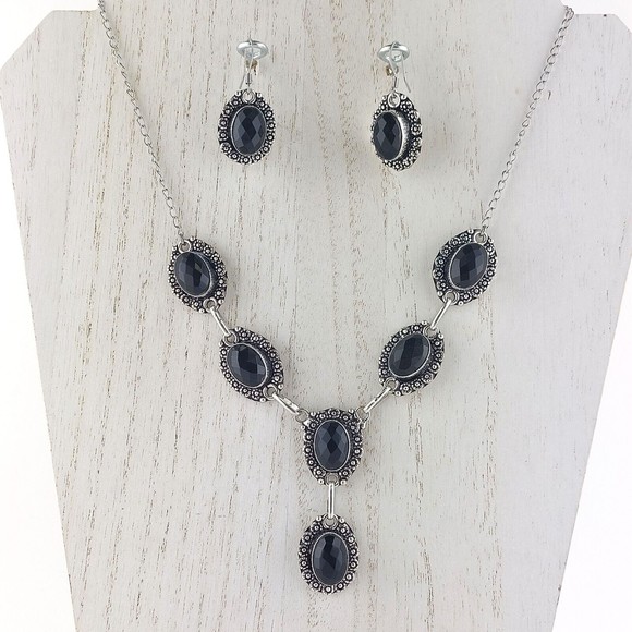 Faceted Black Glass .925 Layered Stainless Steel Necklace Earring Set - Picture 5 of 5